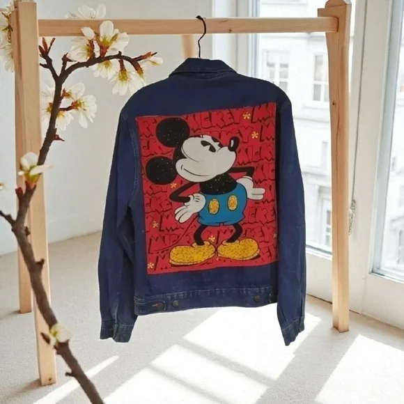Mickey & Co , Upcycled  Denim Jacket Mickey Mouse Embellished Back Patch - Picture 2 of 10